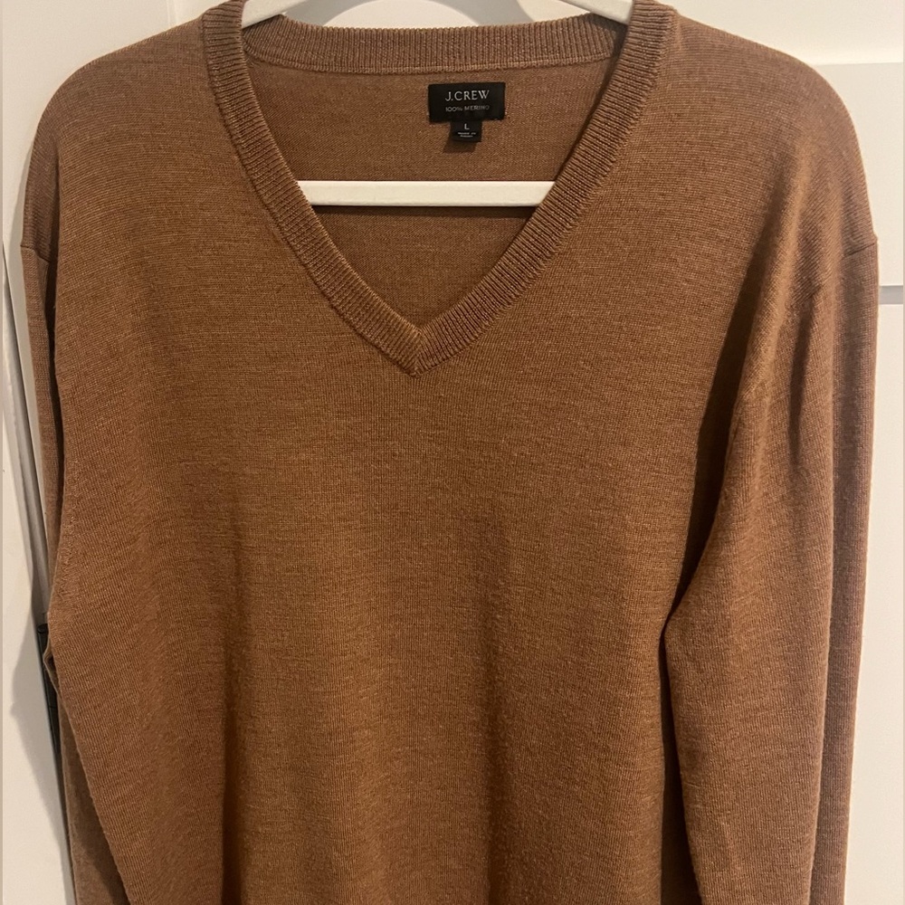 J.Crew Men’s 100% Merino Wool V-Neck Sweater Camel Brown Large Preppy